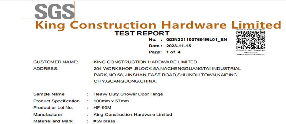 Heavy Duty Shower Door Hinge - Matte Black SGS Testing Report